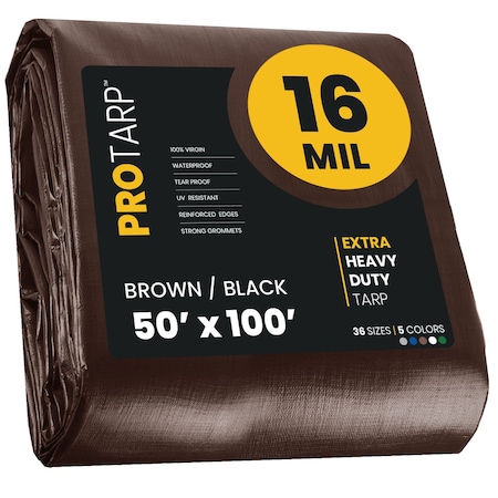 Protarp Heavy Duty Tarp, 50 ft x 100 ft, 16 Mil, Brown/Black, Polyethylene PT-102-50X100